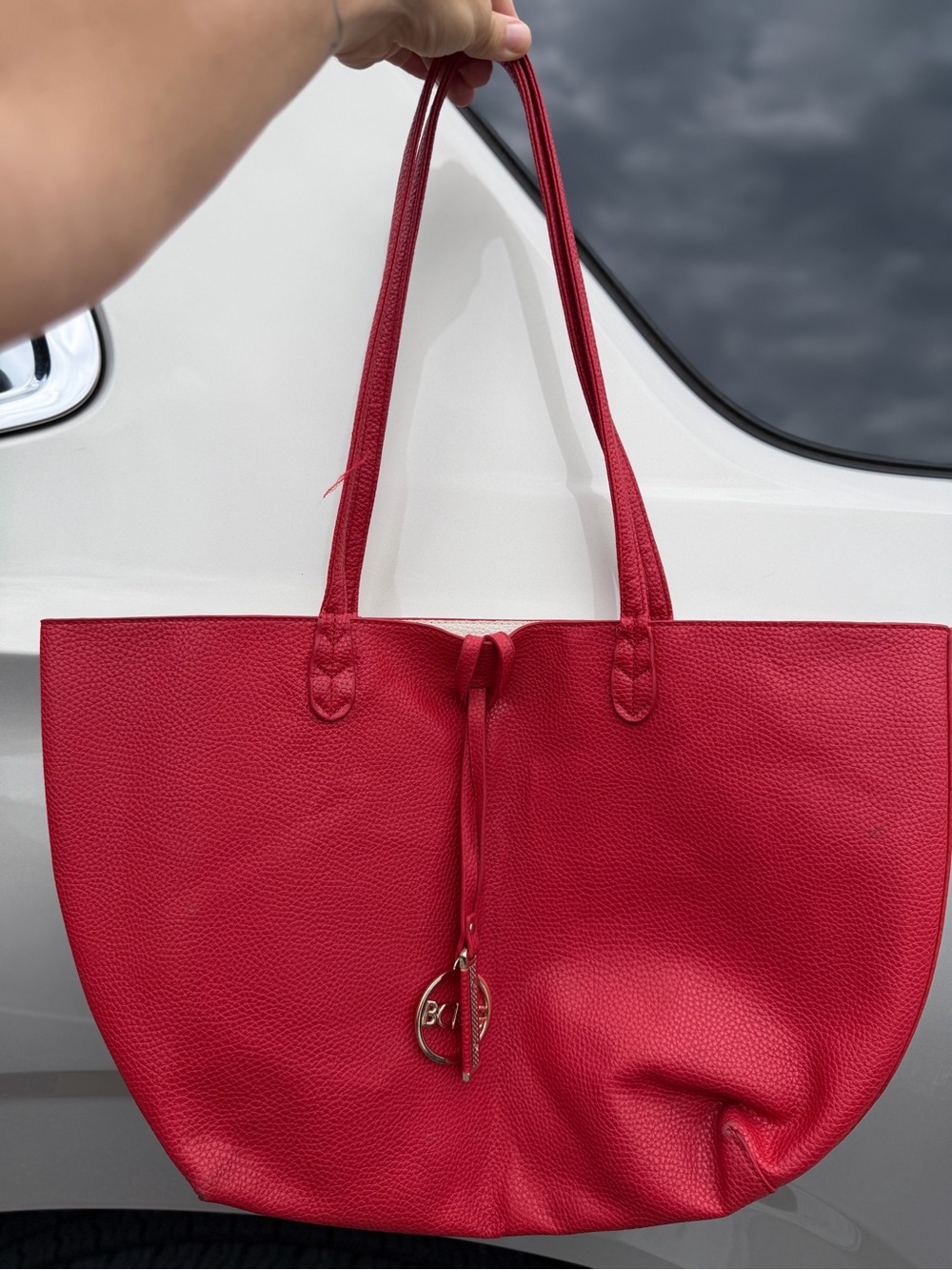 BCBG Red Pebbled Leather Tote with Charm